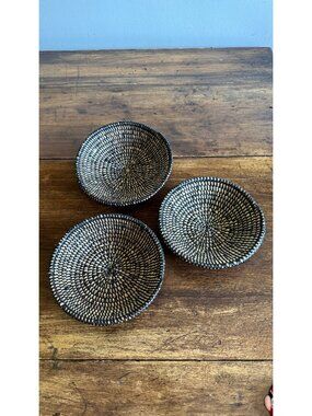 Set of Three Woven Sweet Grass Baskets with Black Accents